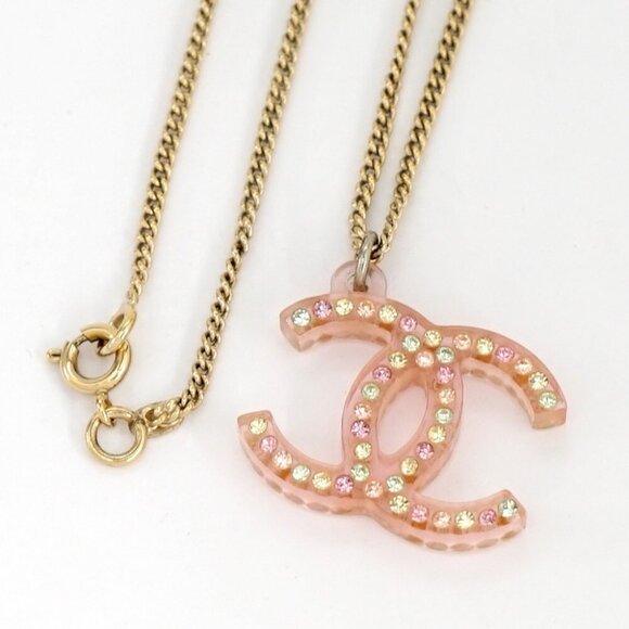 CHANEL Pink CC Logo Rhinestone Necklace 23" Gold Tone 04A Auth w/Box #2401 - Picture 1 of 5